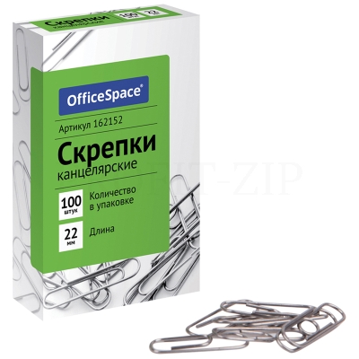 Скрепки 22 мм, OfficeSpace, 100шт., карт. упаковка