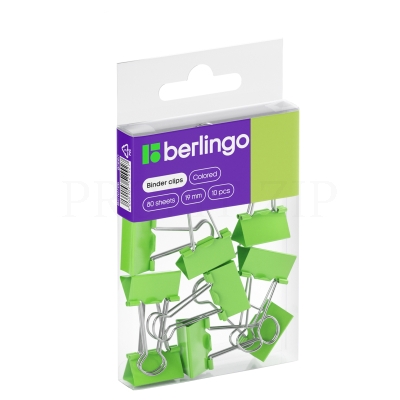Зажимы для бумаг 19мм, Berlingo, 10шт., цветные, зеленые, BC1019b